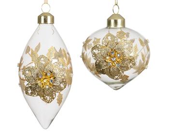 Visuel 1 du produit Ornement à suspendre en verre transparent décor fleurs brillantes or - Ø 8 cm