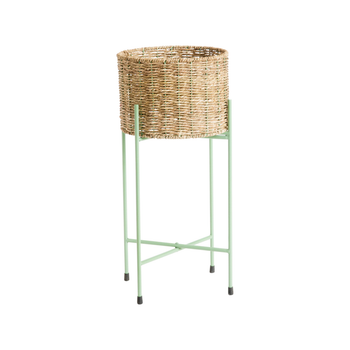 Visuel 1 du produit Porte-plante rond en osier avec socle pliant en métal vert grand modèle - Ø 29,5 x H 60 cm