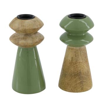 Visuel 1 du produit Porte-bougie rond en bois de manguier naturel et laqué vert - Ø 6 x H 13 cm