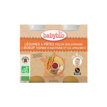 Visuel 1 du produit Pots de légumes et pâtes bolognaises et bœuf Babybio 2 x 200 g