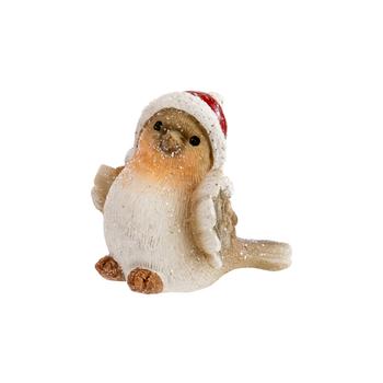 Visuel 1 du produit Oiseau avec bonnet de Noël à poser en polyrésine marron - 9 x 8,5 x 8 cm