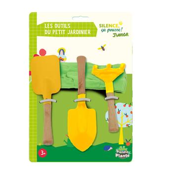 Visuel 1 du produit Ensemble de gants et 3 outils de jardinage pour enfant en métal jaune avec manche en bois Planète Plante -  les 4 pièces