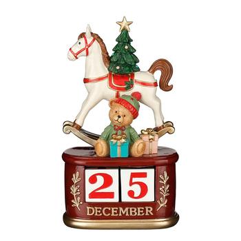 Visuel 1 du produit Calendrier décoratif en polyrésine bordeaux avec cheval à bascule blanc - 13,5 x 7,5 x 23,5 cm