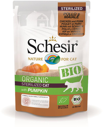 Visuel 1 du produit Pâtée bio pour chat stérilisé au poulet & porc avec citrouille Schesir - 85 g