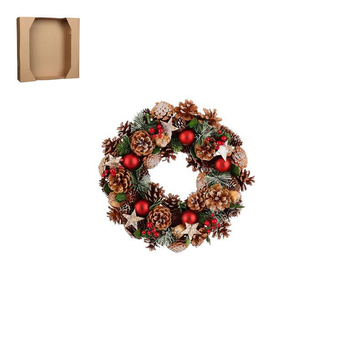 Visuel 1 du produit Couronne de sapin, pommes de pin naturelles et  décorations colorées Roslyn - Ø 34 x H 9 cm