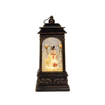 Visuel 1 du produit Décoration de Noël lumineuse lanterne boule à eau bonhomme de neige en PVC  coloris noir LED blanc chaud piles - H 20,5 x Ø 9 cm