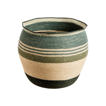 Visuel 1 du produit Panière ronde rayée vert/bleu/beige en osier grand modèle - Ø 49 x H 40 cm