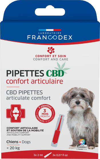 Visuel 1 du produit Pipettes CBD pour chien de moins de 20 kg confort articulaire Francodex - x 3 de 2 ml