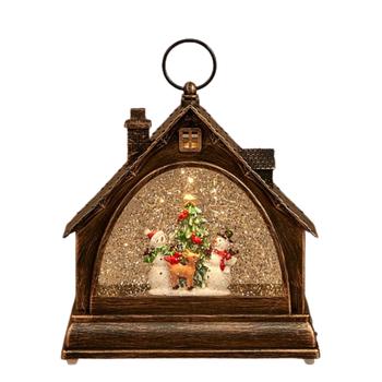 Visuel 1 du produit Décoration de Noël lumineuse lanterne maison avec bonhommes de neige en PVC coloris marron LED blanc chaud à piles avec minuteur - H 21,5 cm