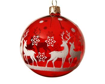 Visuel 1 du produit Boule de Noël en verre rouge avec motif renne et étoiles - Ø 8 cm