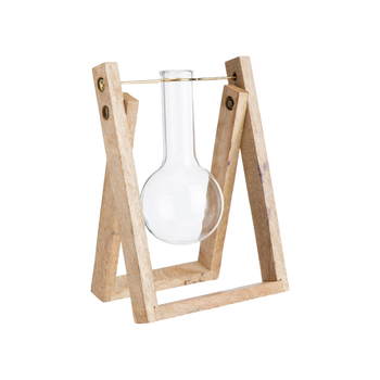 Visuel 1 du produit Soliflore en verre forme éprouvette sur socle en bois de manguier - 15 x 14,5 x 19,5 cm