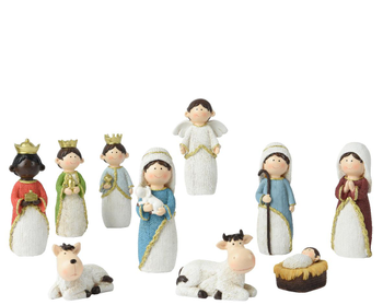 Visuel 1 du produit Ensemble de 10 figurines en polyrésine pour scène de la nativité style enfantin - 5,4 x H 15,3 cm