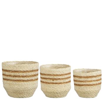 Visuel 1 du produit Panier rond en zostère coloris blanc rayé marron Lena - Ø 14 x H 14 cm