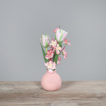 Visuel 1 du produit Bouquet de tulipes et cerisier artificiels en vase rose clair - 20 cm