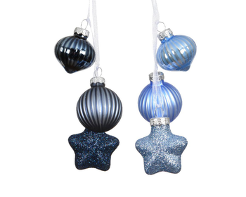 Visuel 1 du produit Grappe de décorations en verre mat bleu avec forme oignon, boule et étoile - 3,5 x 4 x 11,5 cm