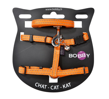 Visuel 1 du produit Ensemble sellerie pour chat coloris orange en nylon harnais et laisse Bobby Safe - Taille XS