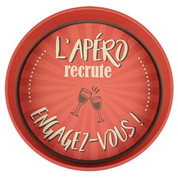 Visuel 1 du produit Plateau Viggo "L'apéro recrute... engagez-vous !" coloris rouge en métal - Ø 33 x 4 cm