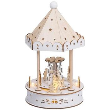 Visuel 1 du produit Village de Noël en bois certifié FSC® manège musical animé LED blanc chaud intérieur - Ø 15 x H 26 cm