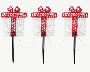 Visuel 1 du produit Ensemble de 3 piques solaires forme cadeaux rouges à 30 LED blanc froid pour extérieur - 1 m