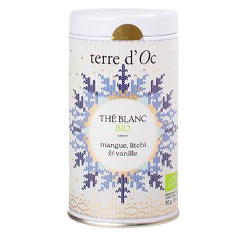 Visuel 1 du produit Thé blanc bio mangue, litchi et vanille en boite métal blanche Terre d’Oc Broderie Givrée - 50 g
