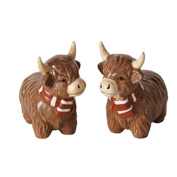 Visuel 1 du produit Coffret salière et poivrière en poterie marron forme vache écossaise Buffy - 10 x 4,5 x 9 cm