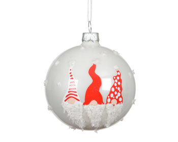 Visuel 1 du produit Boule en verre émaillée blanc d’hiver avec décor gnome rouge - Ø 8 cm