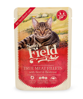 Visuel 1 du produit Pâtée pour chat stérilisé en sachet au bœuf et à la betterave Sam's Field - 85 g