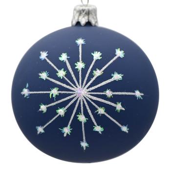 Visuel 1 du produit Boule de Noël en verre bleu foncé à motif flocons blancs - Ø 7 cm