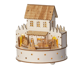 Visuel 1 du produit Village animé lumineux rond en contreplaqué avec maisonnette à 5 LED blanc chaud Dicken’s - Ø 17,5 x H 19,5 cm