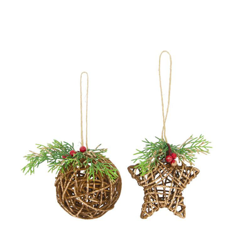 Visuel 1 du produit Décoration à suspendre en rotin marron avec branchage vert - 8 x 8 x 10 cm