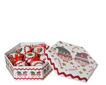 Visuel 1 du produit Boîte cadeau hexagonale blanche avec 7 boules en mousse 6 cm à suspendre motif lutin rouge et vert