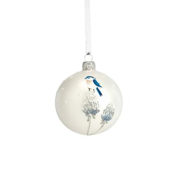 Visuel 1 du produit Boule de Noël oiseau sur fleur en verre bleu et blanc - Ø 8 cm