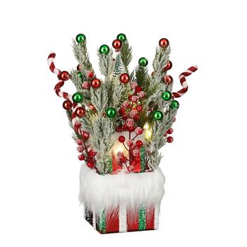 Visuel 1 du produit Cadeau avec sapin décoré de boules vertes et rouges avec LED à pile - 20 x 20 x 37 cm