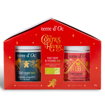 Visuel 1 du produit Duo thé vert gingembre et tisane pomme d'amour bio les contes d'hiver Terre d'Oc - 90 g
