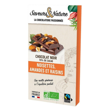 Visuel 1 du produit Chocolat noir mendiants amandes, noisettes et raisins bio Saveurs et Nature - 100 g