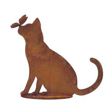 Visuel 1 du produit Chat décoratif avec papillon coloris marron en métal rouillé - 45 x 42 cm