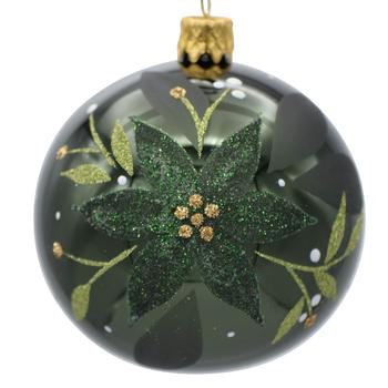 Visuel 1 du produit Boule de Noël en verre vert avec fleur pailletée - Ø 7 cm