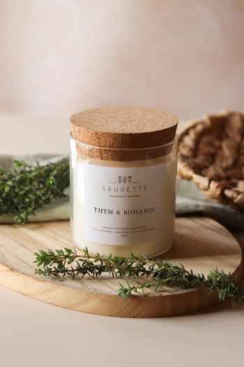 Visuel 1 du produit Bougie parfumée avec pochon Saugettes Les Essentielles senteur thym & romarin - 100 g