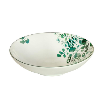 Visuel 1 du produit Assiette à salade et pâtes en grès Oxalis coloris blanc motif floral vert - Ø 19 cm