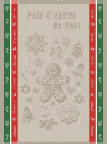 Visuel 1 du produit Torchon coloris lin en coton à bordures rouges et vertes Jacquard Gingerbread - 50 x 70 cm