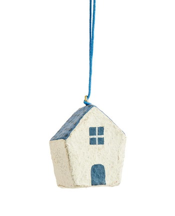 Visuel 1 du produit Suspension décorative maisonnette coloris bleu en coton maché - 5 x 2,5 x 4,5 cm