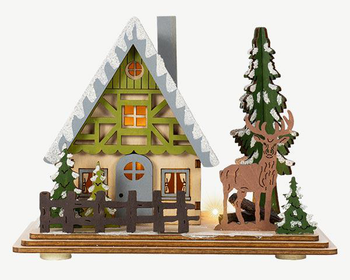 Visuel 1 du produit Scénette chalet en bois vert et marron avec renne à 2 LED blanc chaud sur piles - 16 x 9,5 x 12 cm