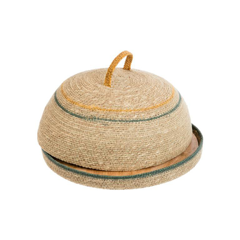 Visuel 2 du produit Plateau rond en bois avec cloche en osier naturel à lignes verte et jaune - Ø 30 x 13 cm