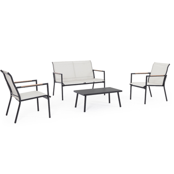 Visuel 1 du produit Salon de jardin en acier coloris gris Mimosa - 4 éléments (canapé, table basse et deux fauteuils)