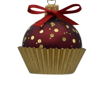 Visuel 1 du produit Suspension boule dans cupcake en verre bordeaux et or avec nœud rouge - Ø 4 cm