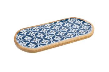 Visuel 1 du produit Plateau ovale en bois de manguier émaillé à décor graphique blanc et bleu - 41 x 20 x 3 cm