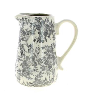 Visuel 1 du produit Cruche décorative en céramique beige à motif floral gris - Ø 14,5 x H 23 cm