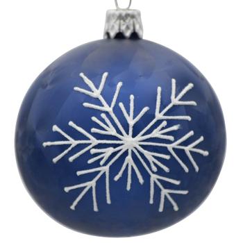 Visuel 1 du produit Boule de Noël en verre bleu foncé à motif flocon blanc - Ø 7 cm