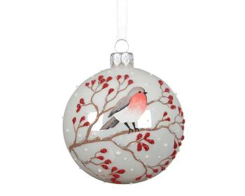 Visuel 1 du produit Boule de Noël en verre blanc à motif oiseau sur branche rouge - Ø 8 cm