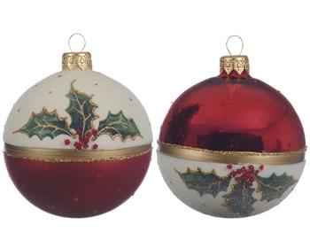 Visuel 1 du produit Boule de Noël en verre rouge et blanc à décor de houx vert - Ø 8 cm